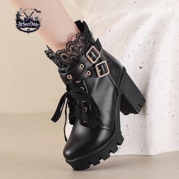 Goth Platform Ankle Boots Chunky Heels Zipper Lace Buckle Punk Cosplay - Picture 2 of 7